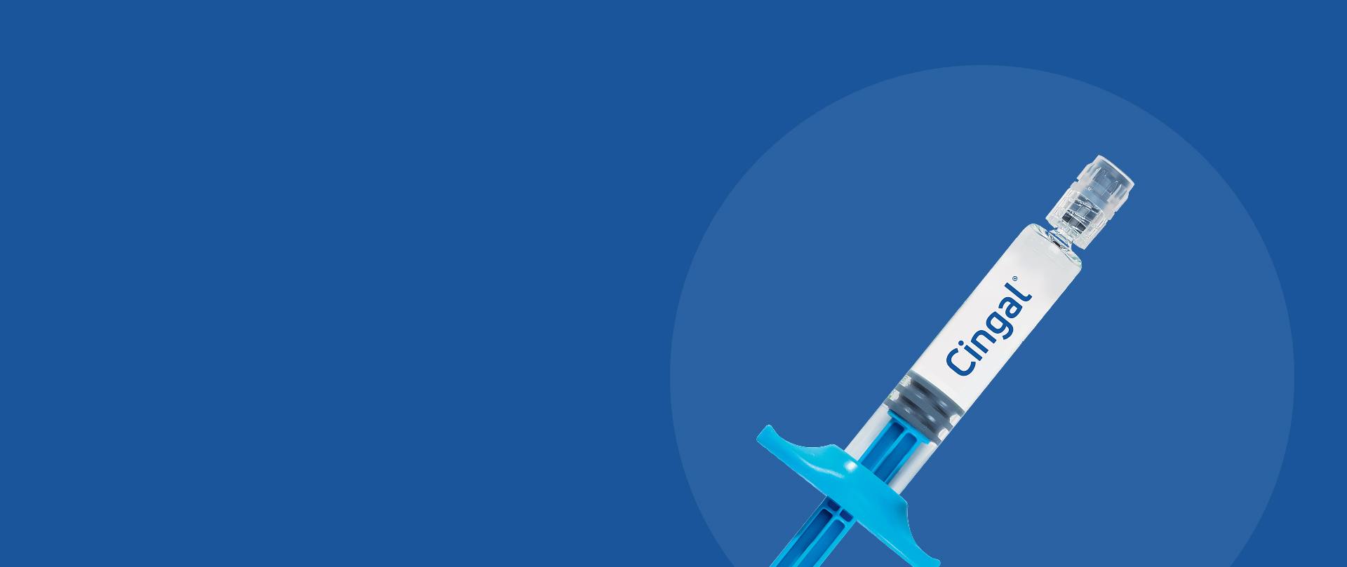 White Cingal syringe with blue cap on a blue gradient background